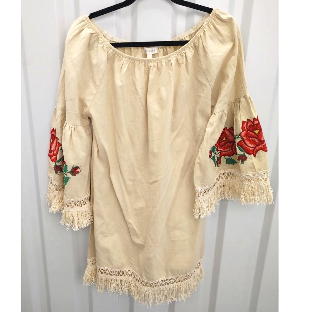 Velzera Dress Embroidered Floral Fringe Sleeves Off Shoulder Beige Large